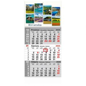 KALENDAR ZIDNI TRODIJELNI 2026. SA SLIKOM I SPIRALOM