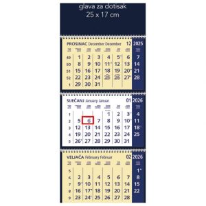 KALENDAR ZIDNI TRODIJELNI 2026. S 3 SPIRALE PLAVI