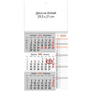 KALENDAR ZIDNI TRODIJELNI 2026. MEMO SA SPIRALOM