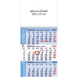 KALENDAR ZIDNI TRODIJELNI 2026. SA SPIRALOM PLAVI